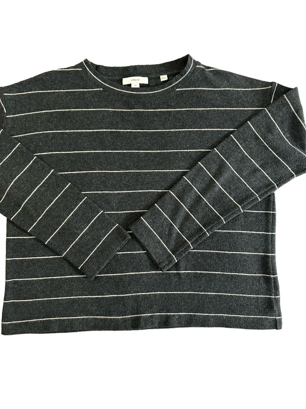 Vince Striped Long Sleeve Crewneck Top Gray White Stripe Boxy Tee Casual S/P